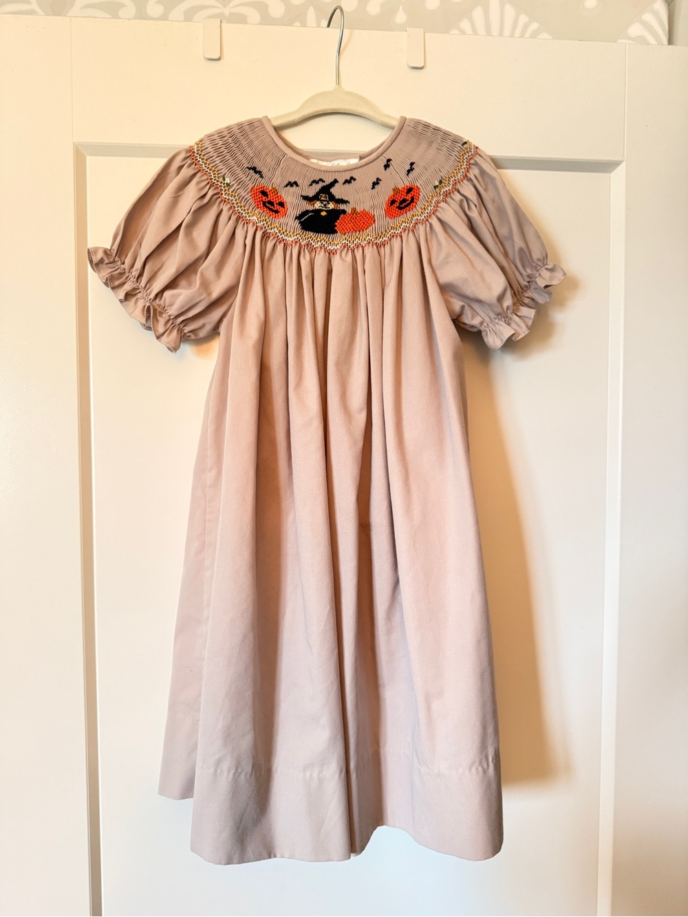 Girls Light Brown Halloween Smocked Pumpkin Dress, 3T
